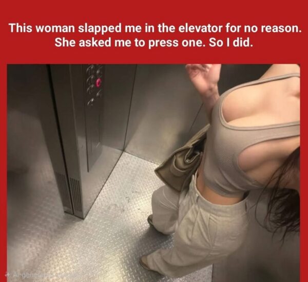 Woman inside an elevator caught mid-argument