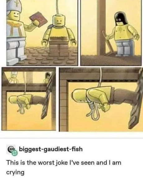 Four-panel Lego cartoon of a minifigure on a wooden platform, followed by a Tumblr comment reading "This is the worst joke I've seen and I am crying."