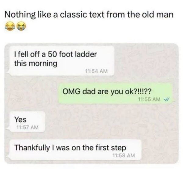 Screenshot of a WhatsApp chat where a dad says he fell off a 50 foot ladder, his child asks if he is ok, and he replies he was on the first step.