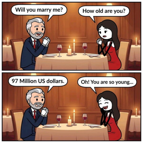 Two-panel cartoon of an older man proposing to a young woman in a red dress at a candlelit restaurant table; she asks his age, he says "97 million US dollars," and she smiles saying he's so young.