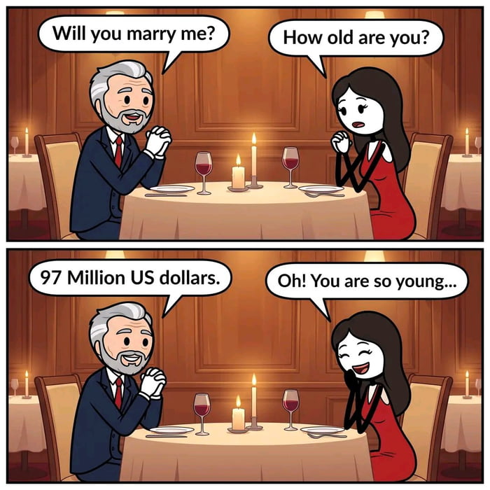 Two-panel cartoon of an older man proposing to a young woman in a red dress at a candlelit restaurant table; she asks his age, he says "97 million US dollars," and she smiles saying he's so young.