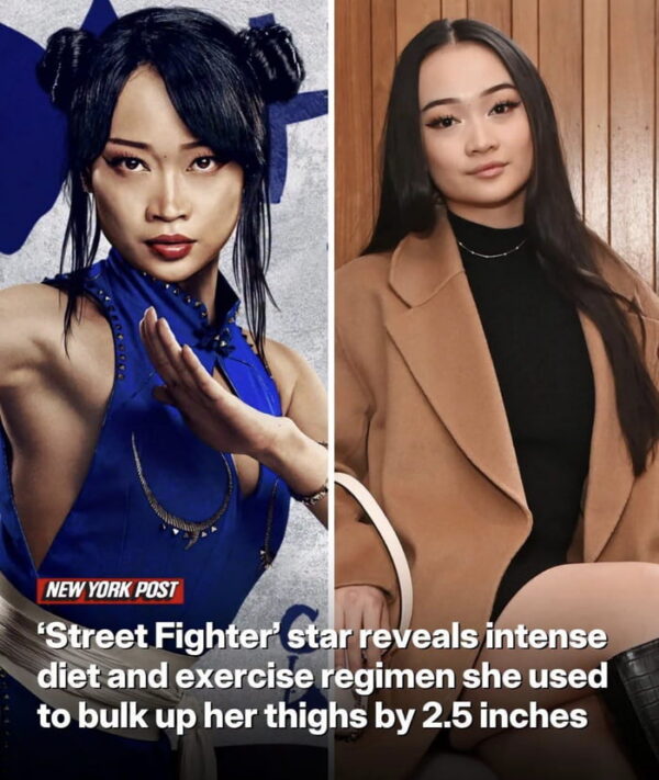 Side-by-side photos of an actress in a blue Chun-Li costume and in a tan coat, under a New York Post headline about her bulking up her thighs by 2.5 inches for Street Fighter.