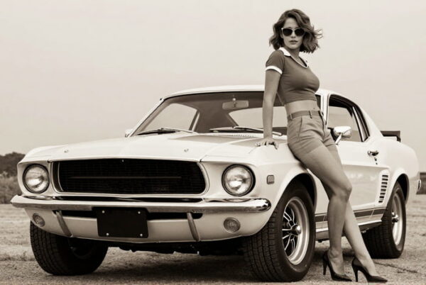 Black and white sepia photo of a woman in sunglasses, crop top, shorts and heels leaning on the fender of a white 1960s Ford Mustang fastback.