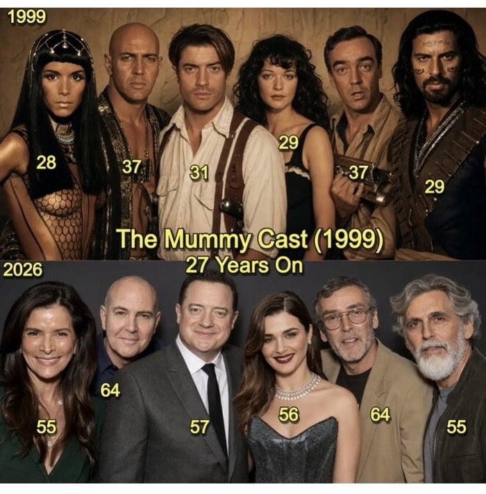 Split image comparing The Mummy 1999 cast photo with their ages to a 2026 reunion photo of the same six actors with updated ages.