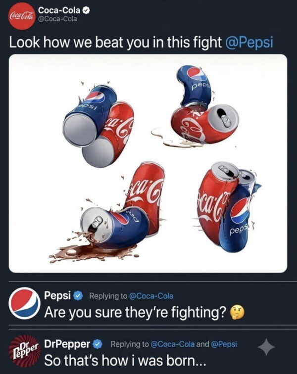 Screenshot of a tweet from Coca-Cola showing illustrations of Coke and Pepsi cans tangled together, with replies from Pepsi asking if they are fighting and Dr Pepper saying that's how it was born.