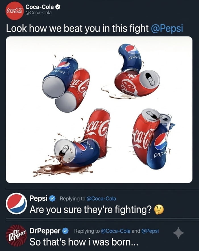 Screenshot of a tweet from Coca-Cola showing illustrations of Coke and Pepsi cans tangled together, with replies from Pepsi asking if they are fighting and Dr Pepper saying that's how it was born.